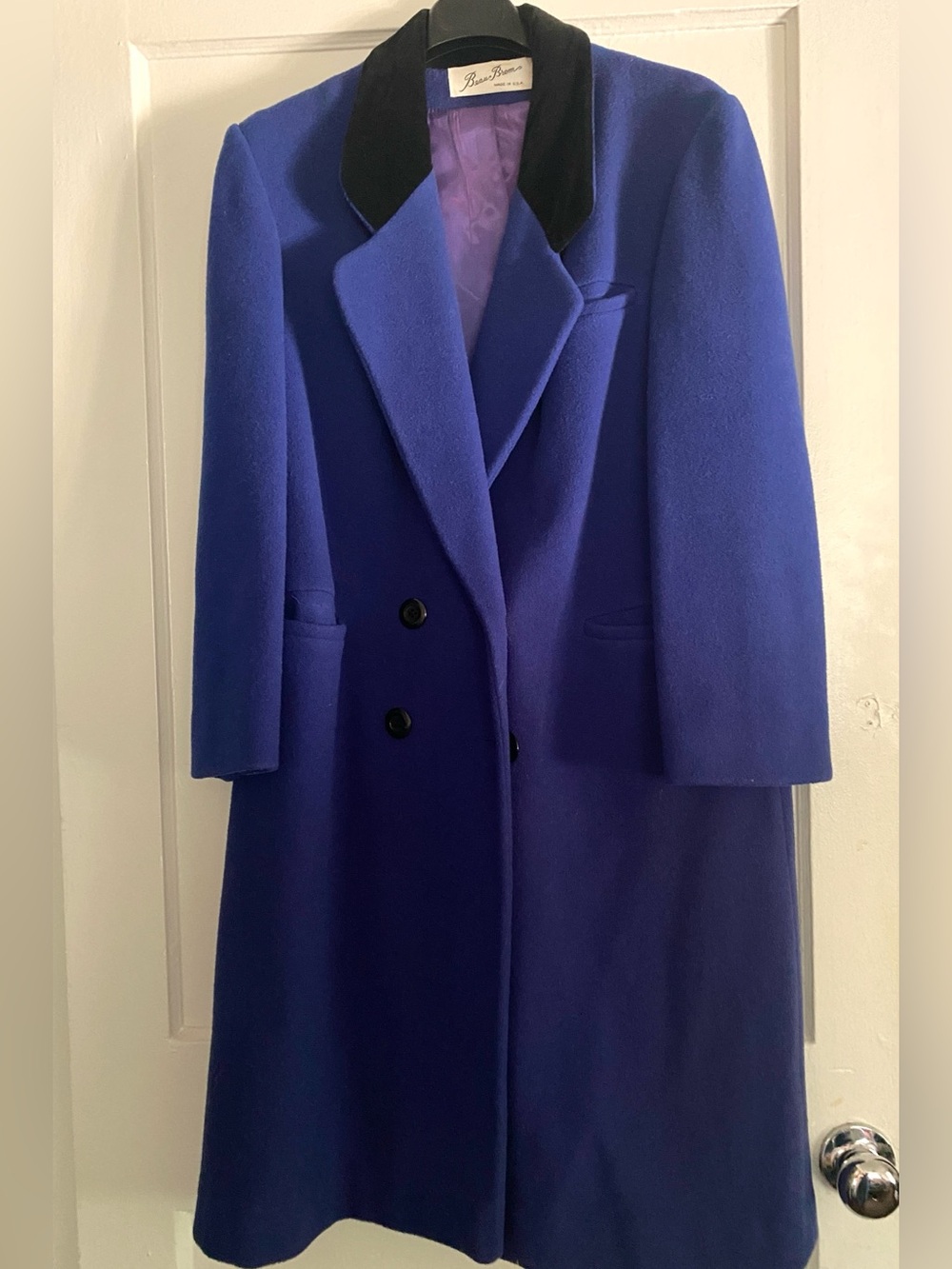 Vintage Made in USA Women's Blue Velvet-Collar Wool Coat